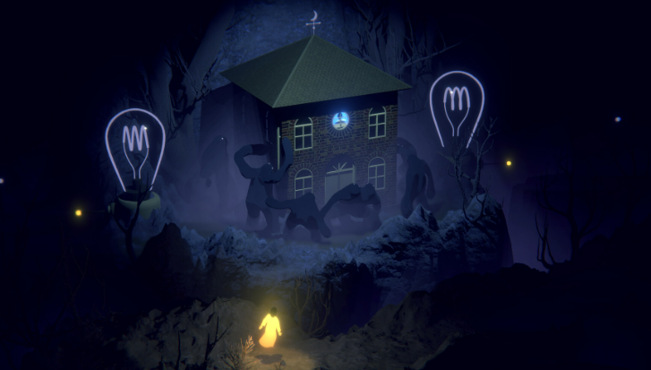 Gray golems near a house and lamps, with the glowing player character below in The Forest Quartet.